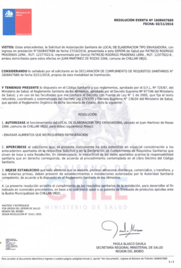 Resolución Exenta N° 1608407689 del 02/11/2016 Resolución Exenta N° 1608407689 del 02/11/2016